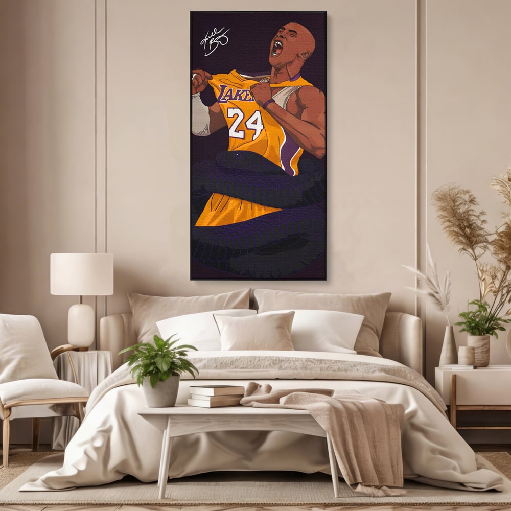 Tablou canvas cu ilustratie digitala portret kobe bryant, in rama de aluminiu negru, pe perete intr-un dormitor